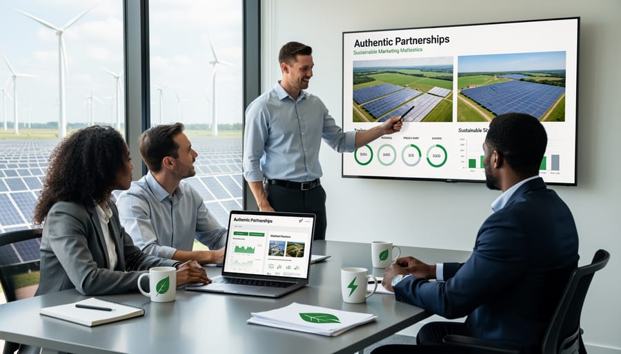 Collaborative team working together on sustainability project in modern workspace