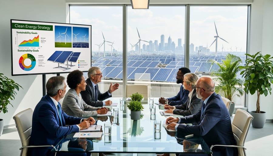 Business professionals in meeting discussing energy sector decisions