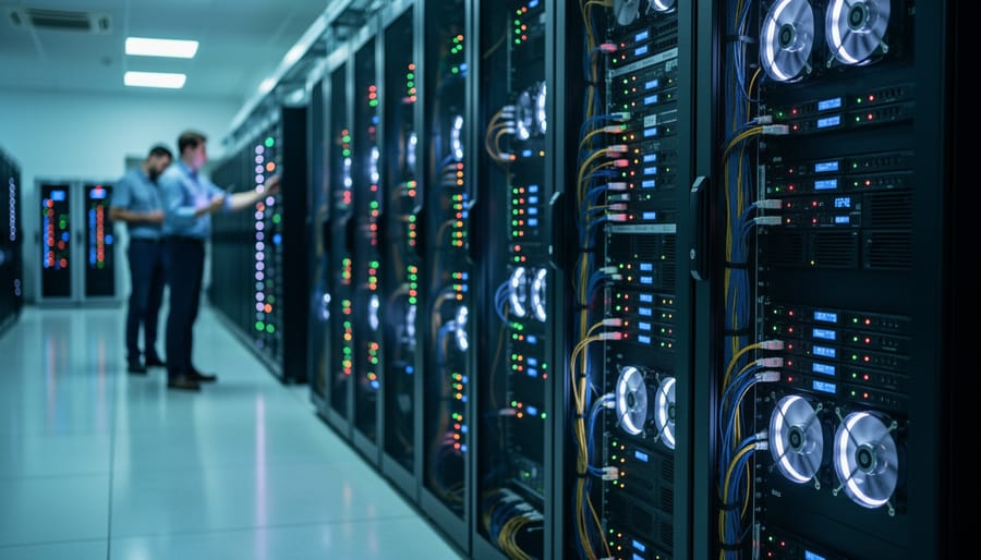 Modern data center server racks with blue lighting in professional facility