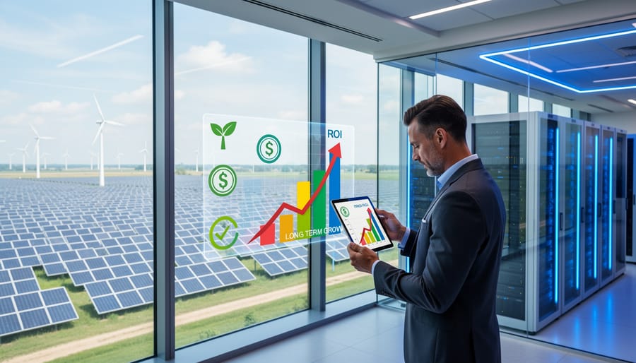 Business professional reviewing financial documents and sustainability reports at desk