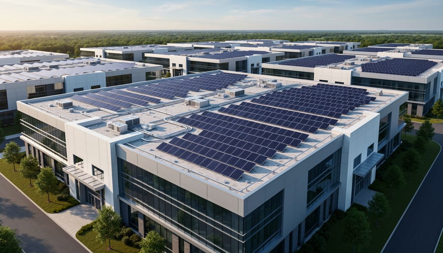 Aerial view of solar panel array installed on commercial data center rooftop