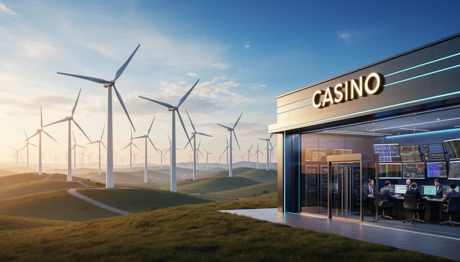 Wind turbines generating renewable energy near modern industrial facility