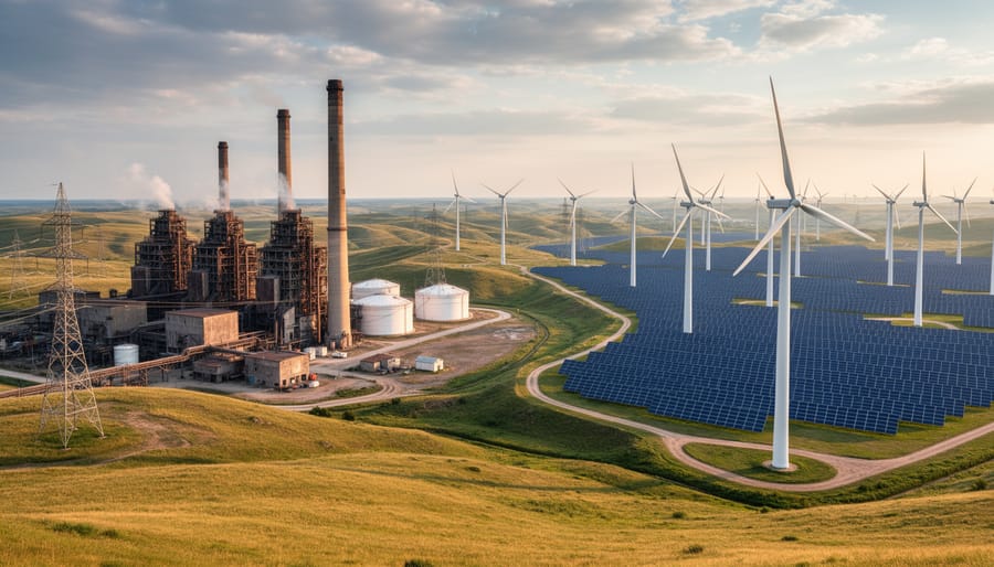 Coal power plant cooling towers next to modern solar panel installation showing energy transition