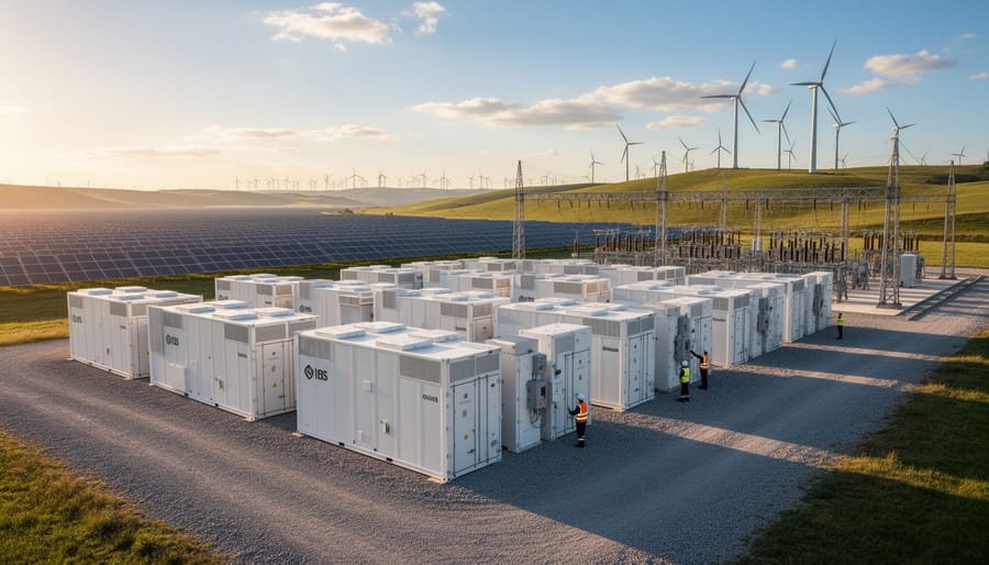 Engineer inspecting industrial battery storage units in modern energy facility