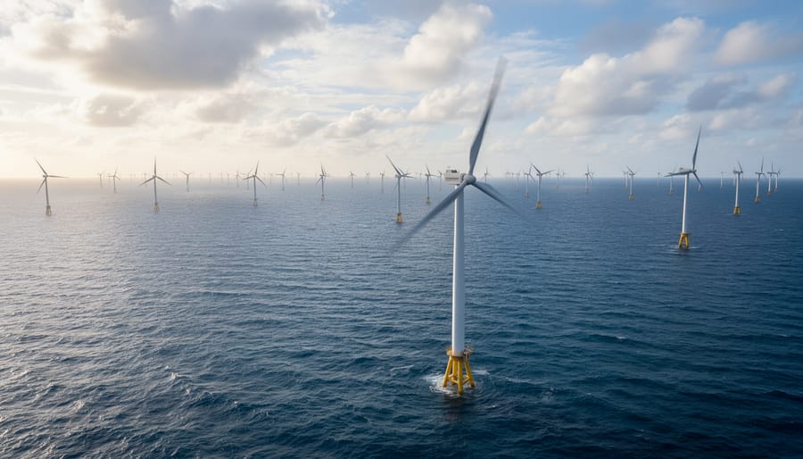 Offshore wind turbines in ocean at sunset with dramatic lighting