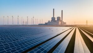 Wide environmental photo of rows of solar panels in the foreground and wind turbines behind at golden hour, with a distant coal power plant fading in cool haze and faint transmission towers on the horizon.