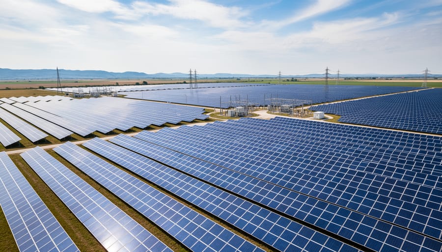 Aerial view of large solar farm with rows of photovoltaic panels in desert setting