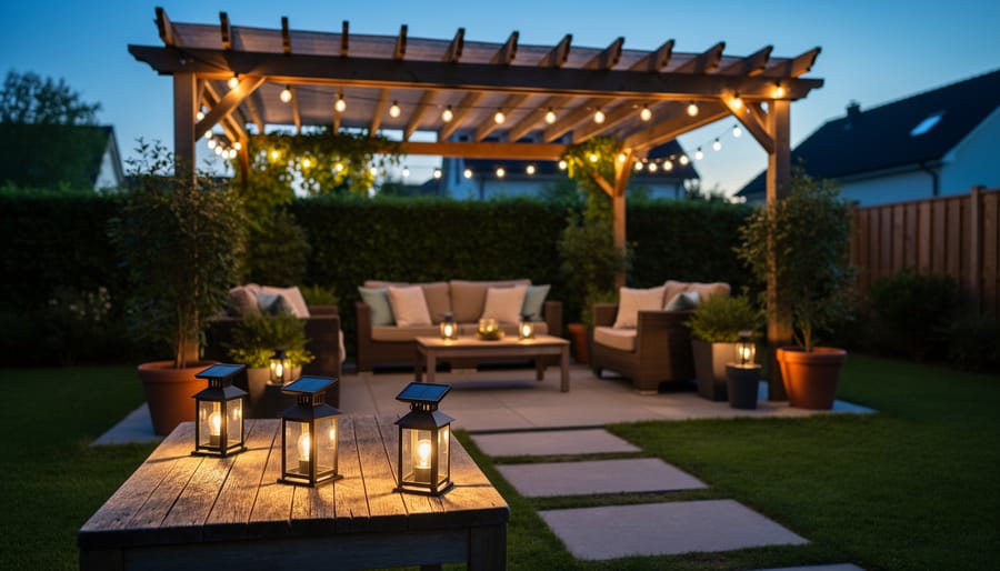 Suburban backyard at night with warm amber solar firefly lights softly lighting a garden path
