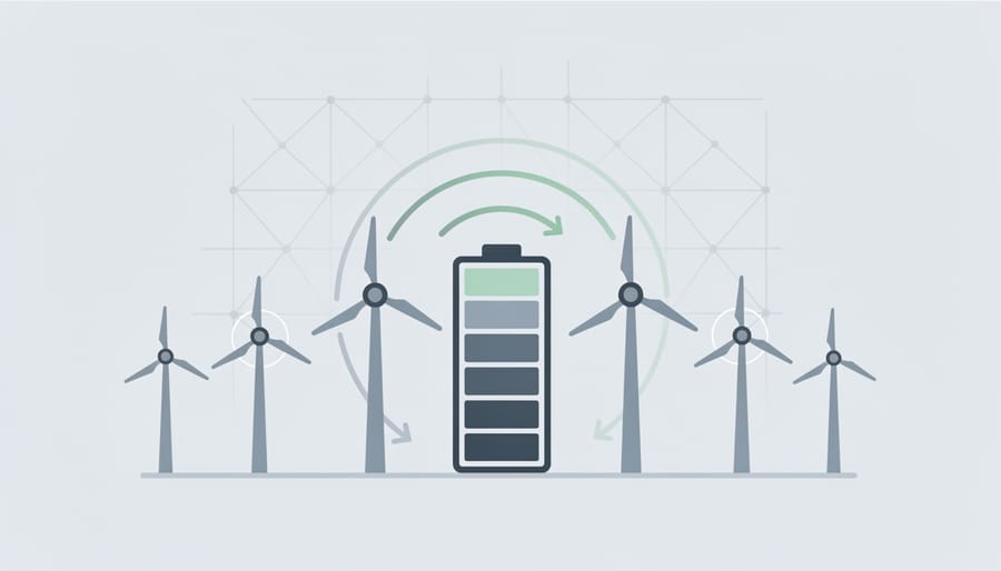 Battery energy storage unit installed near wind turbines under an overcast sky.