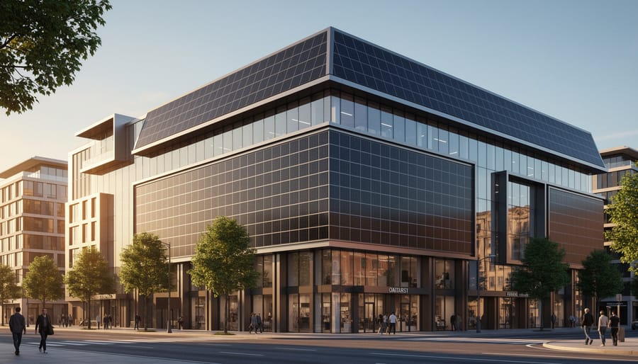 Rooftop and facade solar panels integrated into a modern building at golden hour with the background softly blurred.