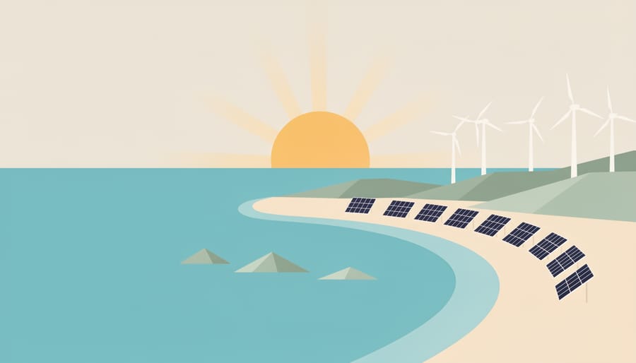 Sunrise over a Caribbean coastline with a faint reflection of solar panels in the foreground water.