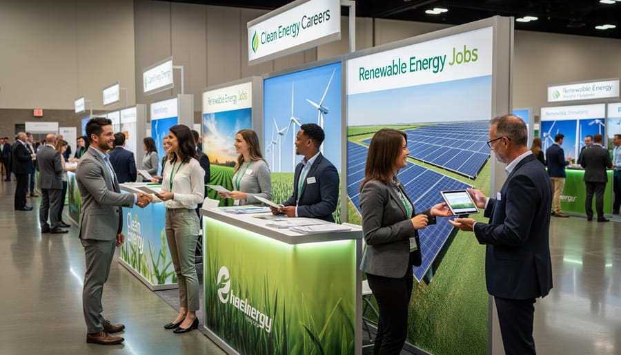 People networking at a renewable energy job fair with hands-on conversations at vendor tables.