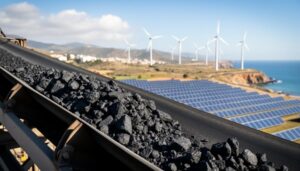 Foreground coal from a mine with wind turbines and solar panels in the distance under bright daylight, symbolizing coal not being renewable.