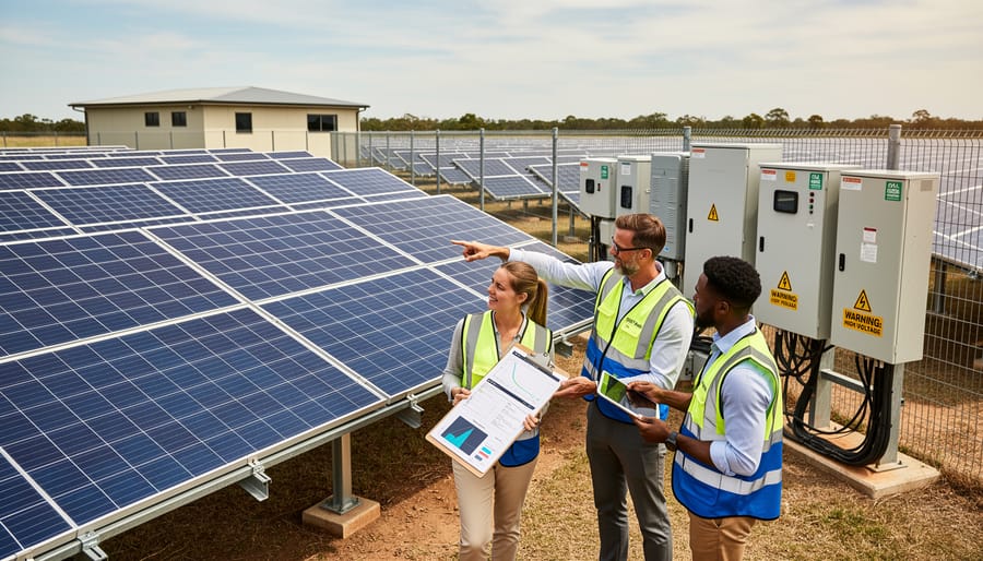 Commercial solar farm array with fenced perimeter and an equipment pad in the foreground