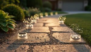 Warm glowing solar firefly landscape lights along a garden path at golden hour, with greenery blurred in the background
