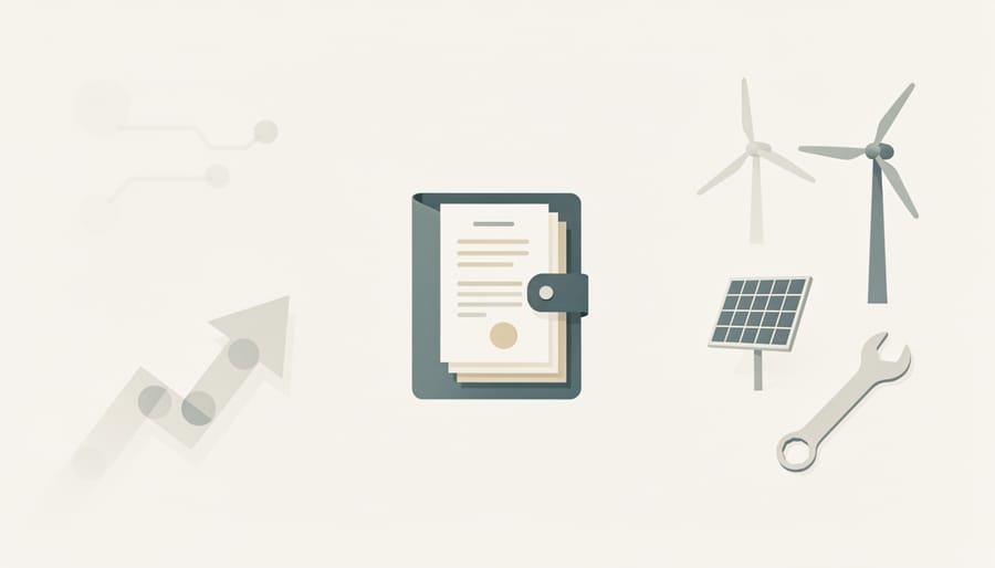 Credential folder and renewable energy tool belt in the foreground with blurred wind turbines in the background.