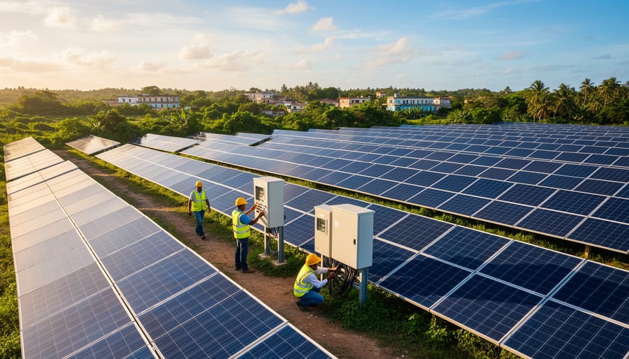 Solar panels at a utility-scale farm in Cuba with technicians standing nearby and the horizon in the distance.
