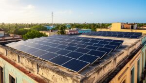 Sunlit solar panels installed on buildings in Cuba, with power lines and tropical scenery fading into the distance under a bright sky.