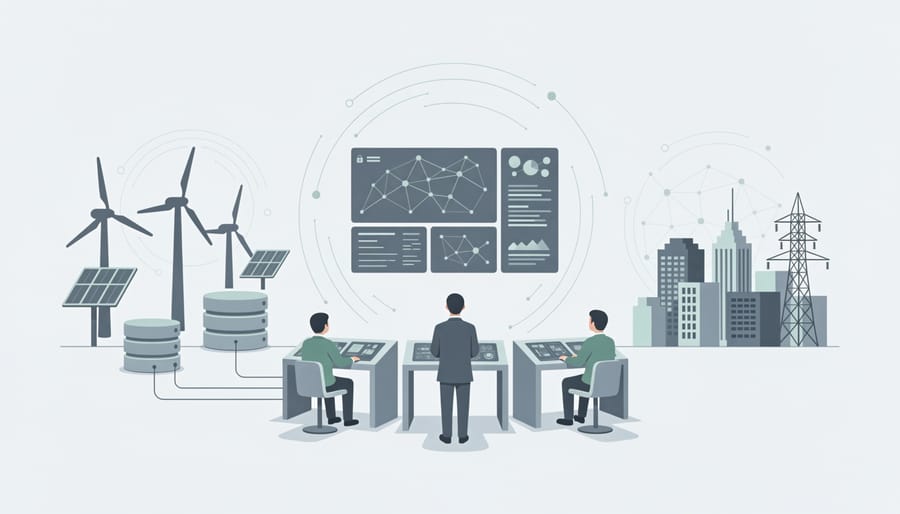 Energy analyst in a control room observing large monitors with grid and battery visuals that do not include readable text.