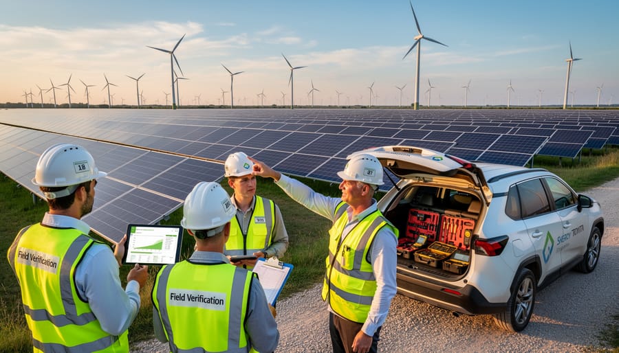 Asset manager inspecting renewable energy equipment near wind turbines while holding a tablet.