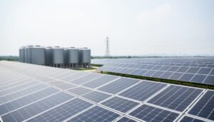 Wide view of advanced solar panels with nearby long-duration energy storage units and distant power lines under an overcast sky, representing solar energy transforming the electrical grid.