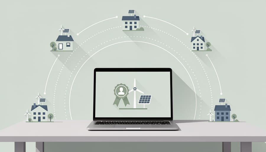Laptop on a desk with a reflective scene hinting at solar panels and wind turbines, suggesting online renewable energy certification.