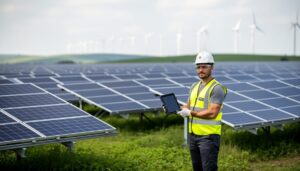 Solar panel technician in hi-vis gear using a blank tablet while standing in a solar farm with wind turbines in the distance under soft daylight.