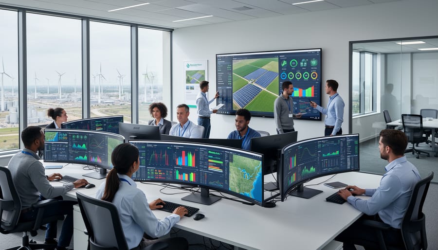 Renewable energy professionals working in a control room with a wall display showing power waveforms.