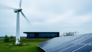 Wind turbine and solar panels in the foreground with a modern control facility and distant grid substation in the background.