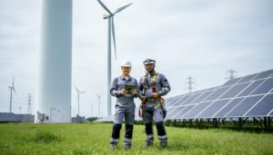 “Renewable energy workers standing at a wind turbine and solar panel site under an overcast sky.”