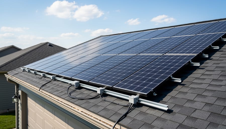 Residential rooftop solar panels with mounting rails and an inverter visible near the edge of the roof