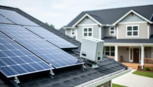 Solar panels installed on the roof of a modern home under bright overcast daylight, with the rooftop inverter nearby.