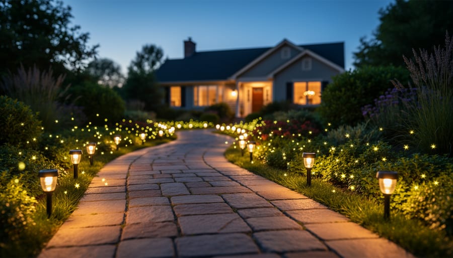 Four glowing solar firefly landscape lights placed along a residential garden walkway at dusk