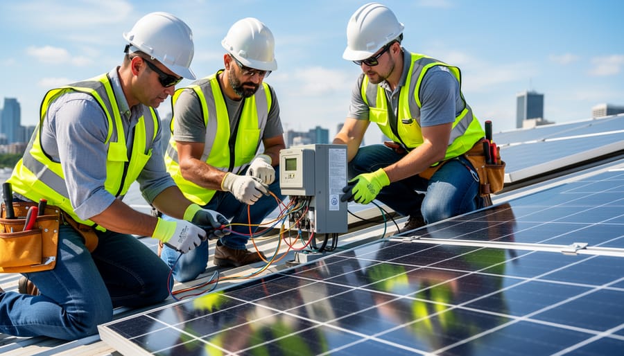 Solar technicians install photovoltaic panels on a residential roof.