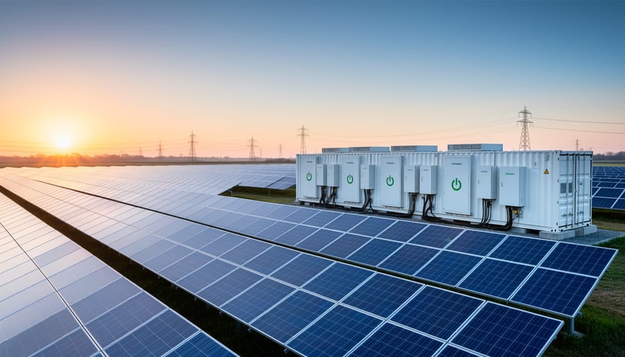 Battery energy storage containers next to a solar farm during dusk with panels visible in the background.