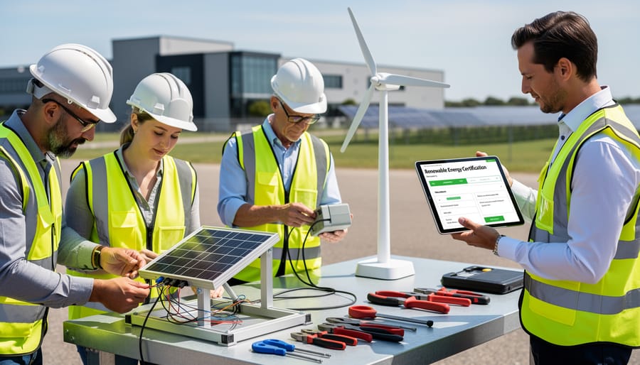 Technician inspecting solar electrical equipment and cables at a renewable energy site.