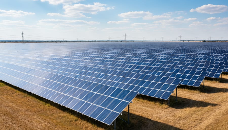 Low-angle view of utility-scale solar panels in an open field under an overcast sky with a substation in the distance.