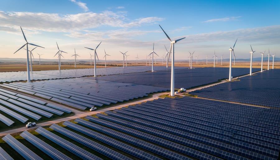 Solar panels and wind turbines on a large utility-scale renewable energy site at golden hour.