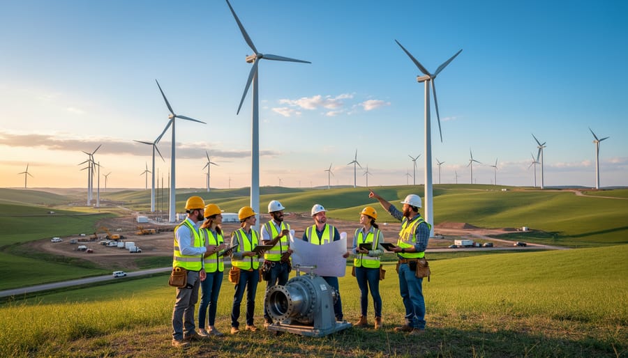 Workers wearing safety helmets walk near turbines at a wind farm during sunrise.