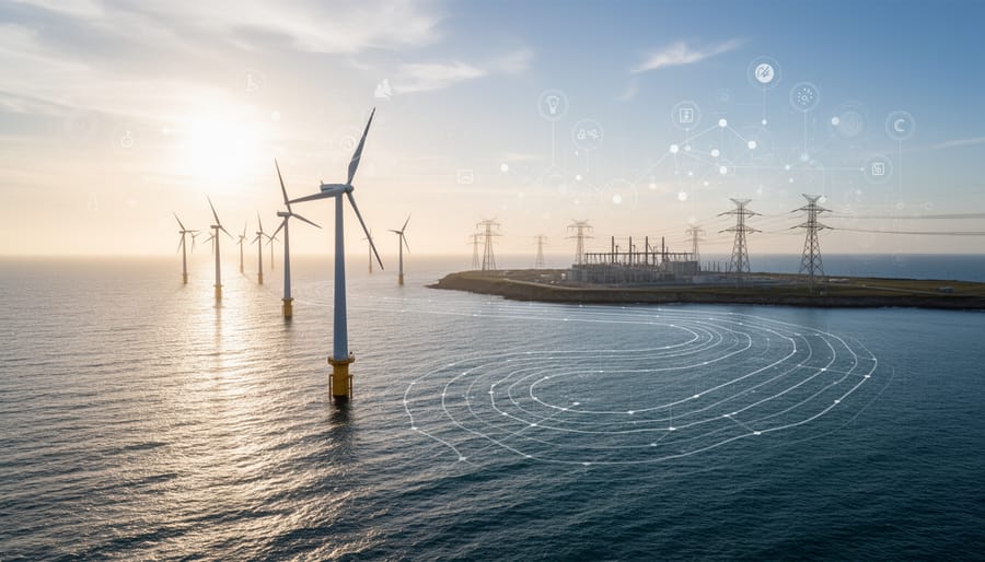 Coastal scene with offshore wind turbines and distant power transmission infrastructure