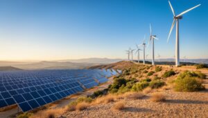 Wind turbines and solar photovoltaic panels on a sunny hillside in Spain with a clear horizon in the background.