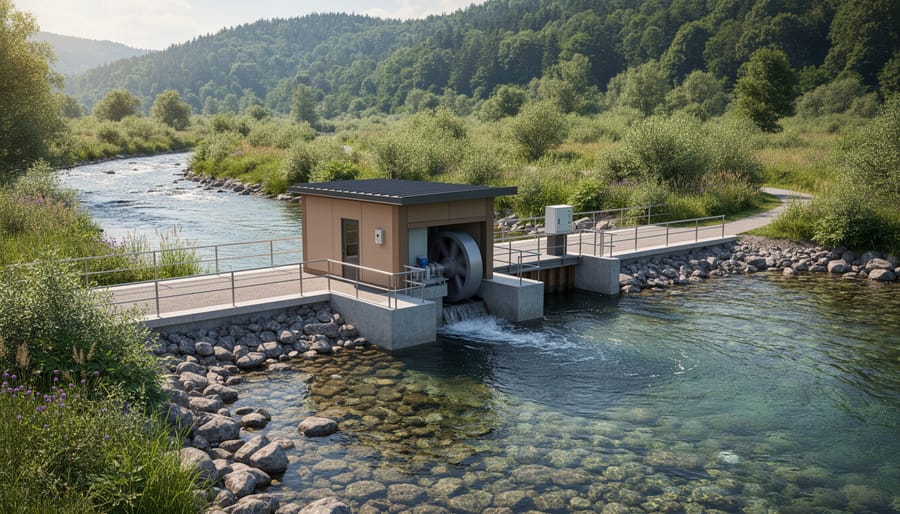 Small hydropower intake and penstock along a forested river in northern Canada