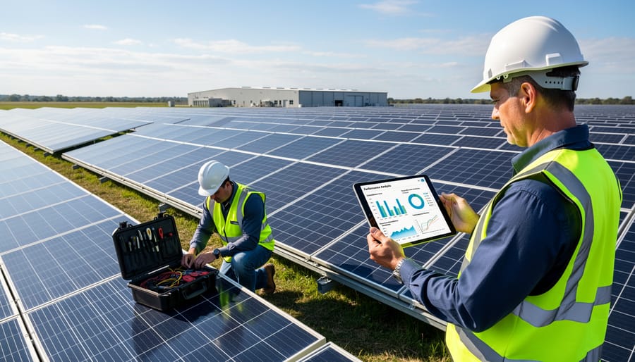 Technician inspecting rooftop solar panels with a tablet under overcast daylight