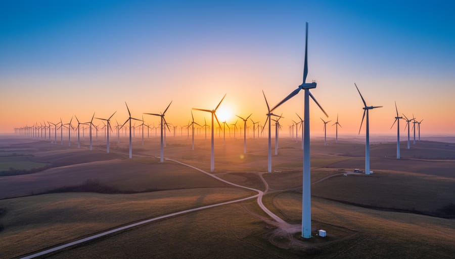 Wind turbines in a farm at sunrise with a bright hopeful sky