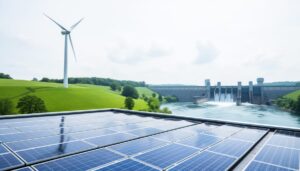 Wide landscape showing solar panels on a rooftop, a wind turbine on a green hillside, and a hydroelectric dam near a river in soft daylight.