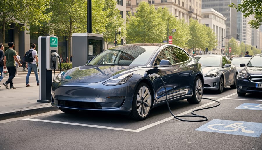 Electric vehicle charging at night at a residential home driveway.