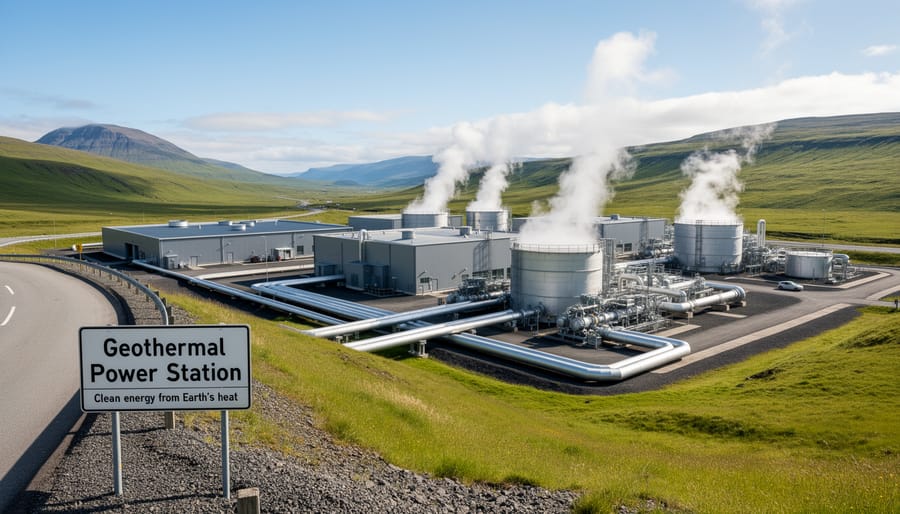 Geothermal power plant with visible steam rising from facility stacks.