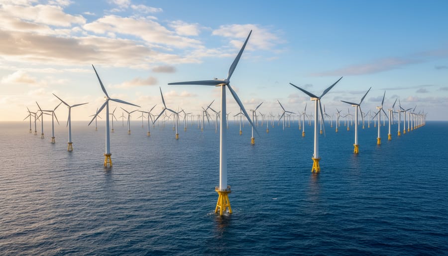 Wind turbines standing over the ocean at sunset with dramatic lighting.