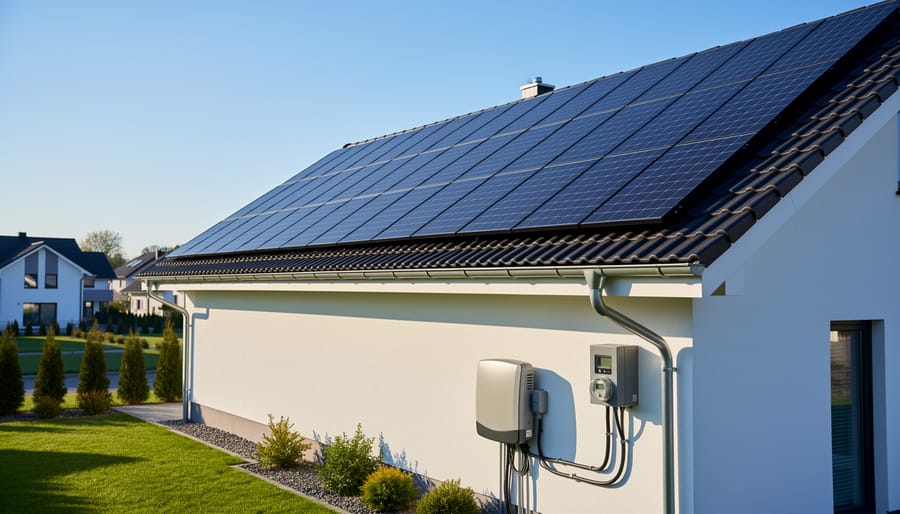 Clean solar panels installed on a residential rooftop under a cloudy sky.
