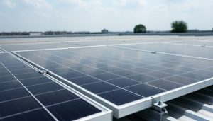 Close-up view of multiple modern solar panels installed on a rooftop under soft daylight.